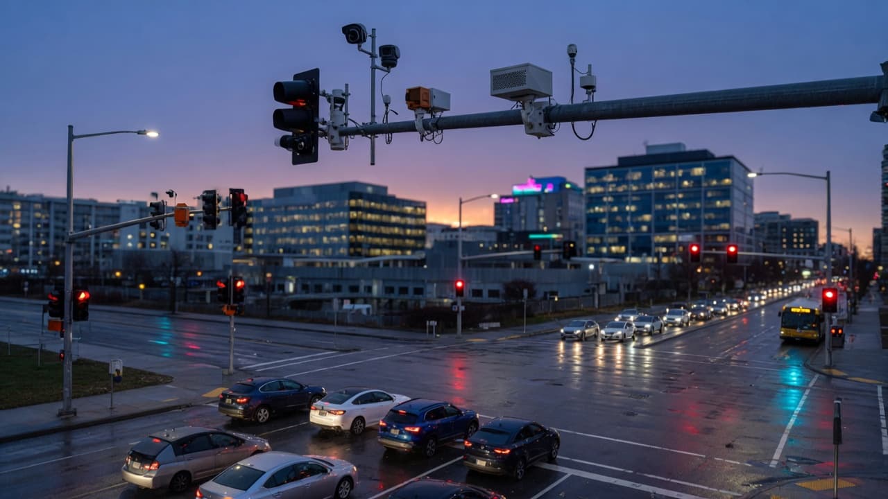 Urban intersection with traffic cameras and sensors on a mast arm