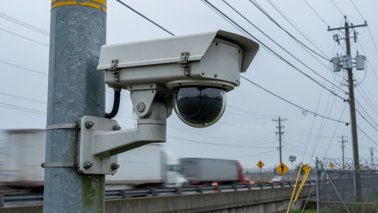 Industrial pan-tilt-zoom camera mounted on a roadway pole