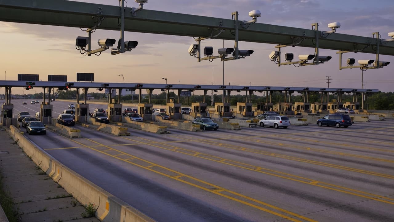 Multi-lane highway toll plaza with overhead camera gantries